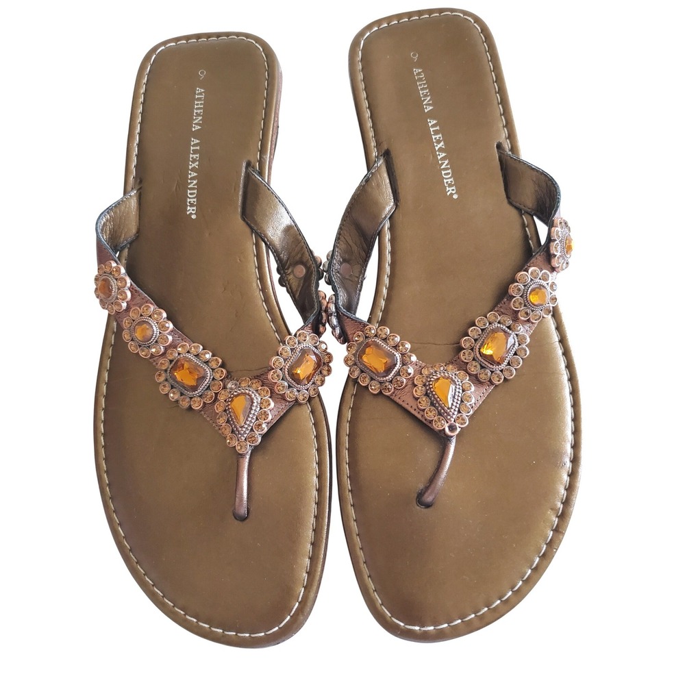 Athena Alexander Italy Bronze Jeweled Thong Sandals Metallic Rhinestone Size 9
